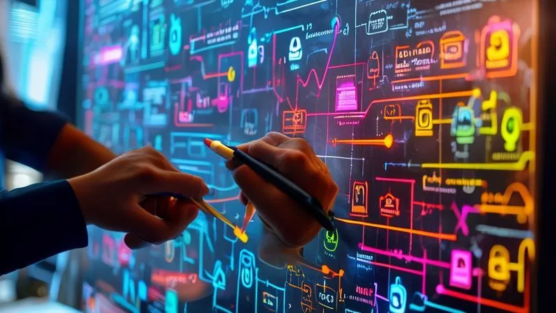 A professional, photorealistic image of a detailed flowchart on a large digital screen, showing interconnected steps for drought contingency planning, with various colored arrows indicating decision points and actions. A hand with a pen is hovering over the screen, ready to make an adjustment. Cinematic lighting, sharp focus on the flowchart, depth of field blurring a modern office background. 8K hyper-detailed, shot on a high-end DSLR.