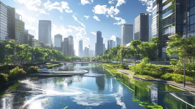 A professional, photorealistic image depicting a futuristic, sustainable urban landscape with advanced water management systems, including rainwater harvesting on buildings, green roofs, and visible permeable paving. A river flows cleanly through the city, with a sense of harmony between human infrastructure and nature. Cinematic lighting, sharp focus on the innovative water features, depth of field blurring distant traditional buildings. 8K hyper-detailed, shot on a high-end DSLR.