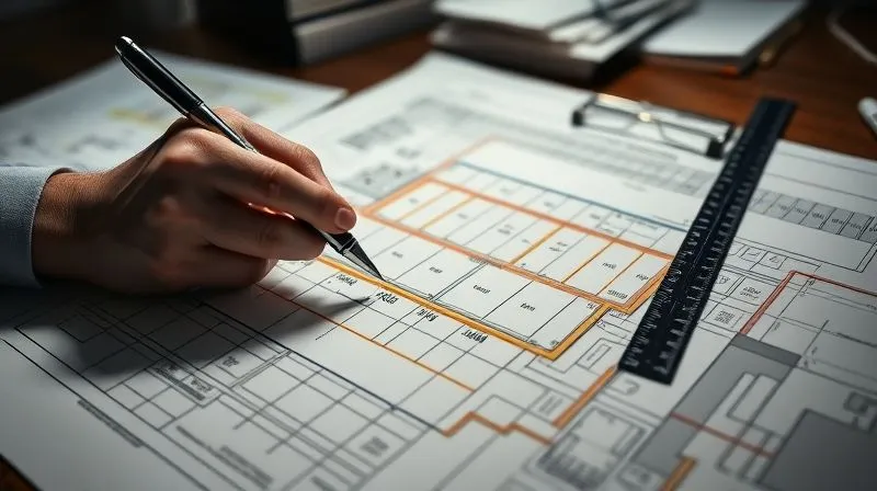 A photorealistic, professional photography, 8K, cinematic lighting, sharp focus, depth of field. A detailed survey map of a commercial property, with various colored lines indicating boundaries, easements, and structures. A pair of hands, one holding a pen and the other a ruler, are meticulously examining the map. The background is slightly blurred, hinting at an office environment with other legal documents. The image evokes precision and careful scrutiny.