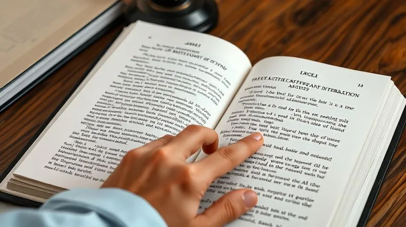 A legal textbook open to a complex page detailing statutory interpretation, with a lawyer's hand pointing to a specific section, symbolizing deep legal analysis and understanding. Photorealistic, professional photography, 8K, cinematic lighting, sharp focus, depth of field, shot on a high-end DSLR.