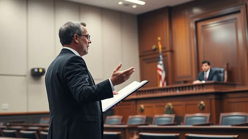 A lawyer presenting compelling arguments in a formal, modern courtroom, with a judge listening intently from the bench. The scene conveys seriousness, intellectual engagement, and professional advocacy, with cinematic lighting. Photorealistic, professional photography, 8K, sharp focus, depth of field, shot on a high-end DSLR.