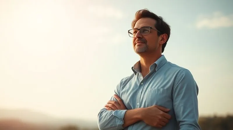 Photorealistic, professional photography, 8K, cinematic lighting, sharp focus, depth of field, shot on a high-end DSLR. A confident teacher, standing tall and poised, looking forward with a clear horizon in the background, symbolizing a positive future and professional resilience after overcoming challenges. The lighting is bright and optimistic.