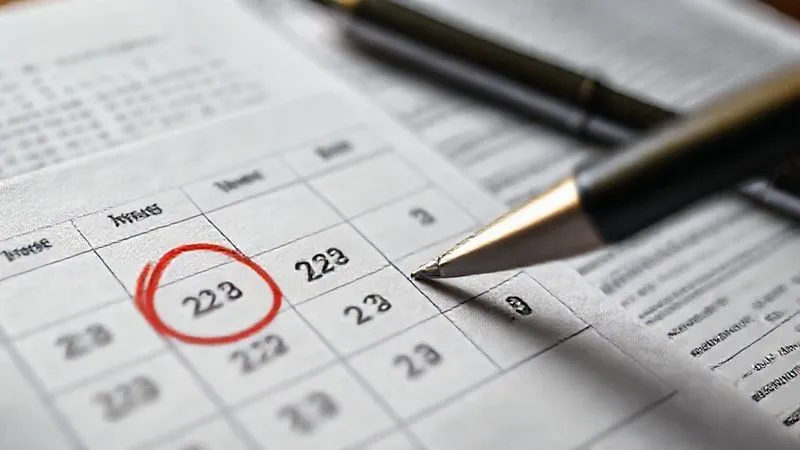 A photorealistic, professional photography, 8K, cinematic lighting, sharp focus, depth of field, shot on a high-end DSLR, depicting a calendar with certain dates circled in red, and a pen pointing to a specific date, symbolizing critical deadlines and tracking of absences for continuous residence. There are blurred legal documents in the background.