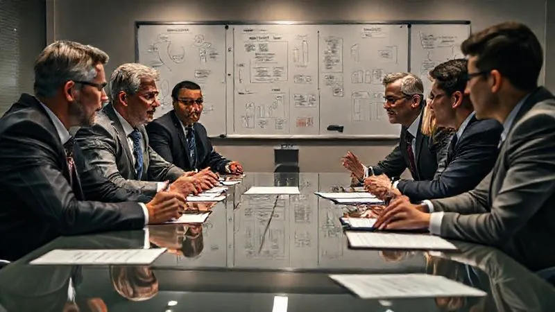 photorealistic, professional photography, 8K, cinematic lighting, sharp focus, depth of field, shot on a high-end DSLR. A diverse group of business professionals, including legal counsel and finance experts, engaged in intense but constructive dialogue around a polished conference table, with whiteboards displaying flowcharts and financial figures in the background, conveying collaborative problem-solving and negotiation.