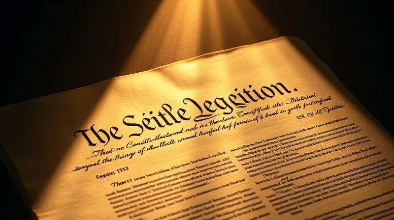 A photorealistic image of the U.S. Constitution's parchment illuminated by a beam of light, symbolizing foundational legal principles, cinematic lighting, sharp focus.
