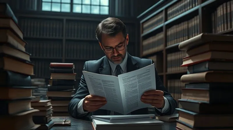 A photorealistic image of a legal brief being meticulously reviewed by a lawyer, surrounded by stacks of law books in a dimly lit, classic office setting, conveying intense focus and legal strategy, cinematic lighting.