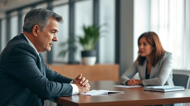 A photorealistic image of a lawyer and a client sitting across a desk in a serious, empathetic discussion. The lawyer is leaning forward, listening intently, while the client appears thoughtful or slightly hesitant. Soft, professional lighting. Cinematic lighting, sharp focus on their faces, depth of field, 8K hyper-detailed, shot on a high-end DSLR.