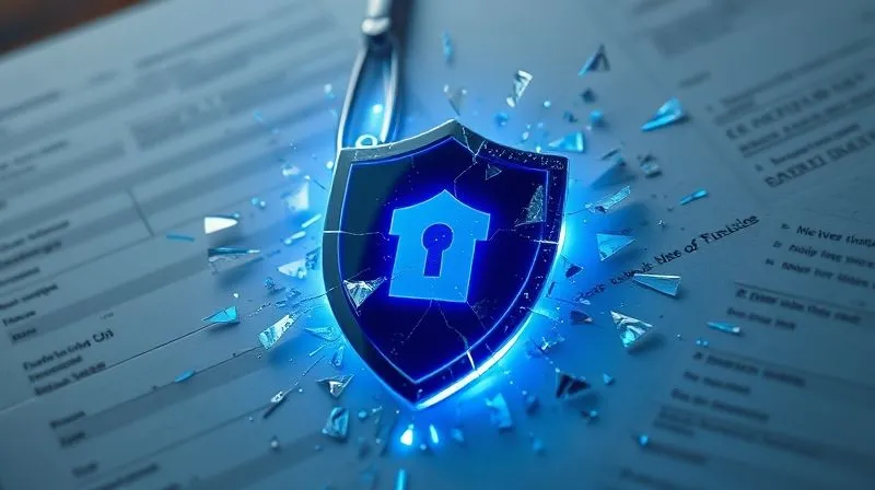 A photorealistic, professional photography image of a shattered digital shield with glowing blue fragments, symbolizing the breakdown of old data transfer mechanisms, set against a blurred background of abstract legal documents. Cinematic lighting, sharp focus on the shield, depth of field, 8K hyper-detailed, shot on a high-end DSLR.