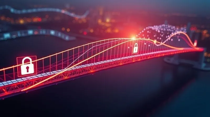 A photorealistic, professional photography image of a digital bridge connecting the European continent with North America, composed of glowing data streams and secure lock icons, symbolizing secure data transfer frameworks. Cinematic lighting, sharp focus on the bridge, depth of field blurring the background, 8K hyper-detailed, shot on a high-end DSLR.