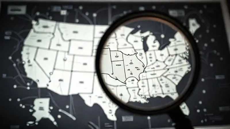 A photorealistic image of a complex legal map of the United States with interconnected lines and symbols, representing the challenges of interstate jurisdiction. In the foreground, a magnifying glass highlights a specific state, with a soft, warm light illuminating the intricate details, professional photography, 8K, cinematic lighting, sharp focus, depth of field.