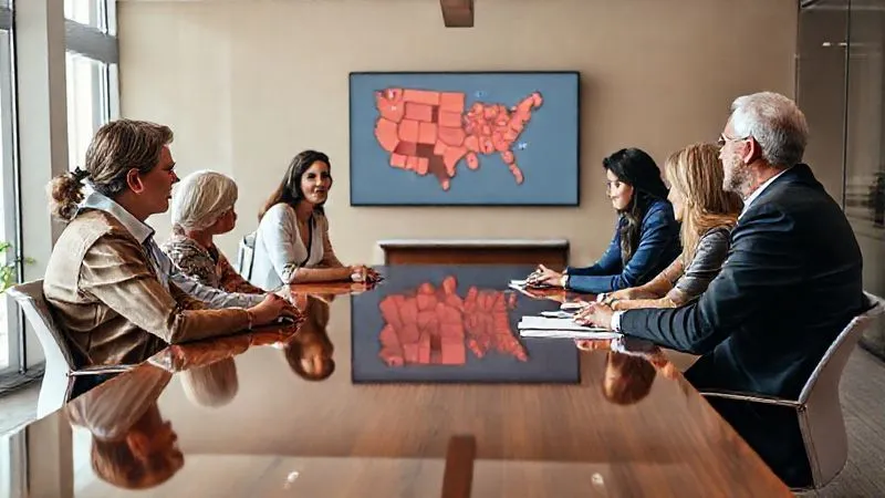 A photorealistic image of a diverse group of people (family members and a neutral mediator) seated around a polished conference table in a modern, well-lit office, engaged in a serious but constructive discussion. A subtle map of the U.S. is visible in the background on a screen or wall, symbolizing interstate issues. Professional photography, 8K, cinematic lighting, sharp focus, depth of field.