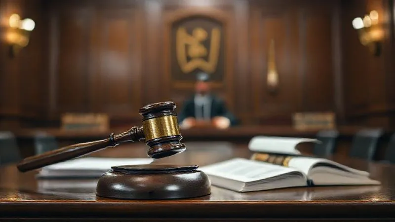 A photorealistic image of a courtroom scene, focusing on a judge's bench with a gavel, with legal documents and law books. The background is slightly blurred but suggests a serious legal proceeding. The lighting is dramatic and professional, emphasizing the gravity of the situation. Professional photography, 8K, cinematic lighting, sharp focus, depth of field.