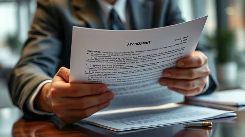 A photorealistic, professional photography image of a person's hands carefully examining a legal document, with specific clauses highlighted, against a backdrop of a blurred, modern office environment. Cinematic lighting, 8K, sharp focus on the document, depth of field blurring the background, shot on a high-end DSLR.