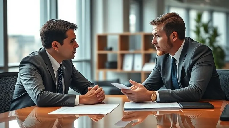 A photorealistic, professional photography image of two business professionals engaged in a serious but calm discussion across a modern office desk, with a subtle legal document partially visible. Cinematic lighting, 8K, sharp focus on the faces, depth of field blurring the background, shot on a high-end DSLR.