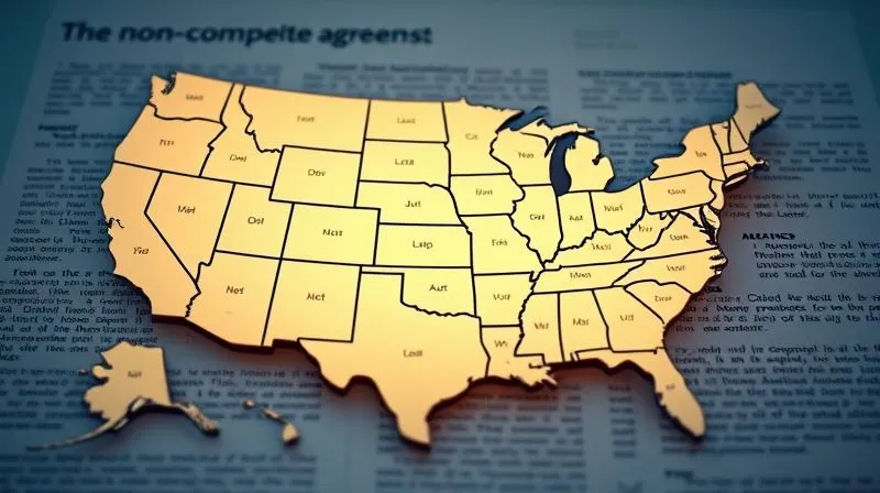 A photorealistic, professional photography image of a detailed legal map of the United States, with different states subtly highlighted in varying shades, symbolizing diverse legal approaches to non-compete agreements. Cinematic lighting, 8K, sharp focus on the map, depth of field blurring a background of legal texts, shot on a high-end DSLR.