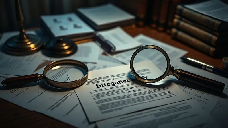 photorealistic, professional photography, 8K, cinematic lighting, a detective's desk with scattered documents, magnifying glass, a timestamped photograph, and highlighted text on a legal brief, sharp focus on the details of the evidence, depth of field blurring a background of legal books, symbolizing meticulous investigation for a legal case, emotionally resonant.