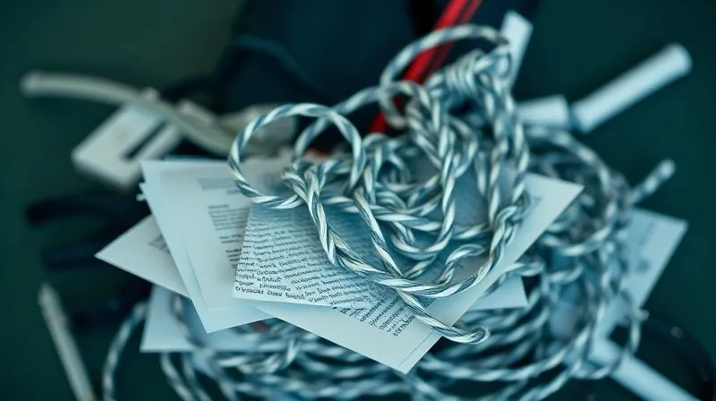A photorealistic, professional photography, 8K, cinematic lighting, sharp focus, depth of field, shot on a high-end DSLR of a tangled knot of legal documents and sports equipment, symbolizing confusion and complexity in contractual agreements. The knot is tight and difficult to unravel, with fragments of text visible on the papers.