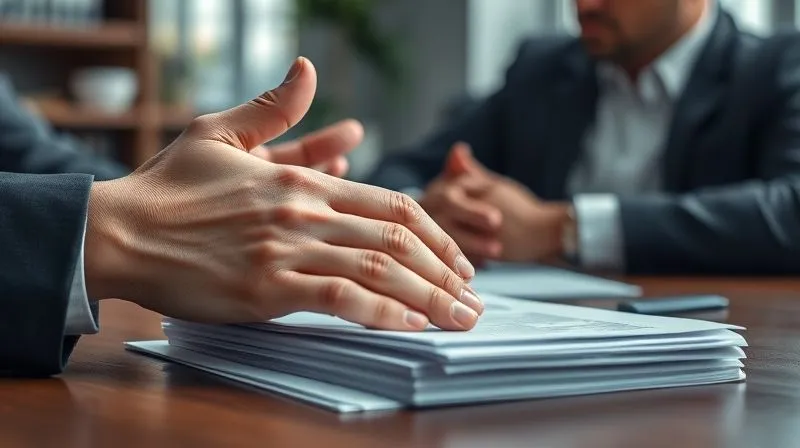A photorealistic image of a lawyer's hand gently resting on a stack of legal documents, while the other hand gestures towards a client, whose face is partially obscured but shows signs of stress and internal conflict. The scene is set in a professional, softly lit office, emphasizing empathy and serious discussion. Cinematic lighting, sharp focus on the hands and documents, depth of field blurring the background, 8K hyper-detailed, professional photography, shot on a high-end DSLR.