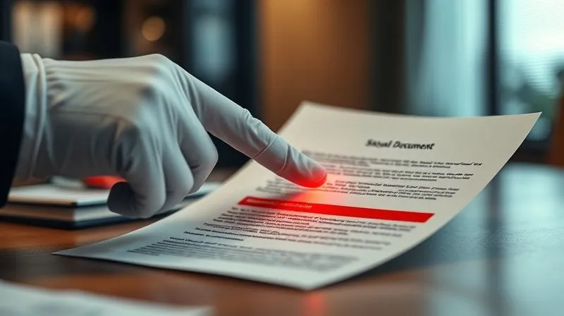 A photorealistic image of a legal document with a section highlighted in red, signifying a red flag or inconsistency. A lawyer's gloved hand (symbolizing caution and precision) points to the highlighted section. The background is a blurred, professional office setting, with a sense of quiet intensity. Cinematic lighting, sharp focus on the document, depth of field creating visual hierarchy, 8K hyper-detailed, professional photography, shot on a high-end DSLR.