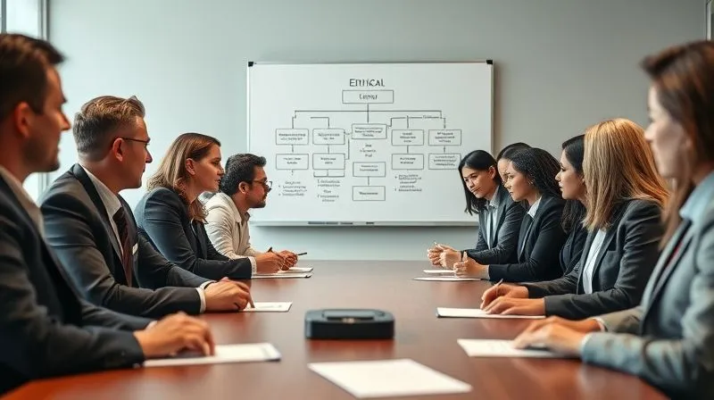 A photorealistic image of a diverse legal team (lawyers, paralegals, administrative staff) gathered around a conference table, engaged in a serious and collaborative discussion. A whiteboard in the background shows a flowchart or key ethical principles. The atmosphere is professional and focused, symbolizing a united front against ethical pitfalls. Cinematic lighting, sharp focus on the team, depth of field blurring the background, 8K hyper-detailed, professional photography, shot on a high-end DSLR.