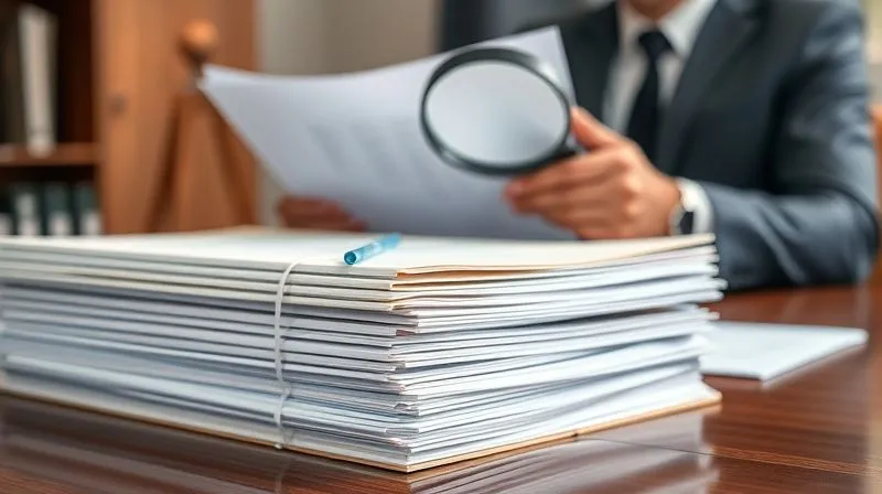 A photorealistic image of a meticulously organized stack of file folders, each labeled clearly, sitting on a polished wooden desk. In the background, a person in professional attire is reviewing documents with a magnifying glass, suggesting diligence and preparation for an audit. Professional photography, 8K, cinematic lighting, sharp focus on the files, depth of field, shot on a high-end DSLR.