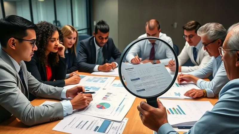photorealistic, professional photography, 8K, cinematic lighting, sharp focus, depth of field, shot on a high-end DSLR, a diverse group of professionals (educators, finance experts, legal counsel) gathered around a large table, meticulously reviewing complex financial documents and charts related to school budgets, with a focused and collaborative atmosphere. A magnifying glass highlights a specific section of a document.