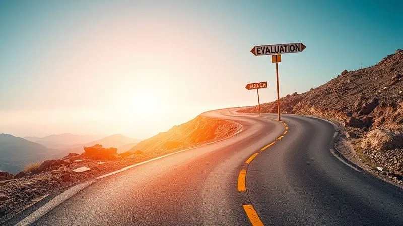 photorealistic, professional photography, 8K, cinematic lighting, sharp focus, depth of field, shot on a high-end DSLR, a winding road leading towards a distant, bright horizon, with signposts indicating 'Evaluation,' 'Feedback,' and 'Adaptation.' The road symbolizes continuous improvement, with a clear sense of progress and foresight. The sky is clear and optimistic.