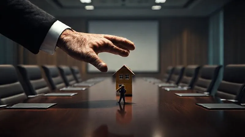 A photorealistic image of a dimly lit conference room table, with a single, oversized, intimidating hand reaching across to grasp a small, vulnerable house figurine. Cinematic lighting, 8K, sharp focus on the hands and figurine, depth of field blurring the background.