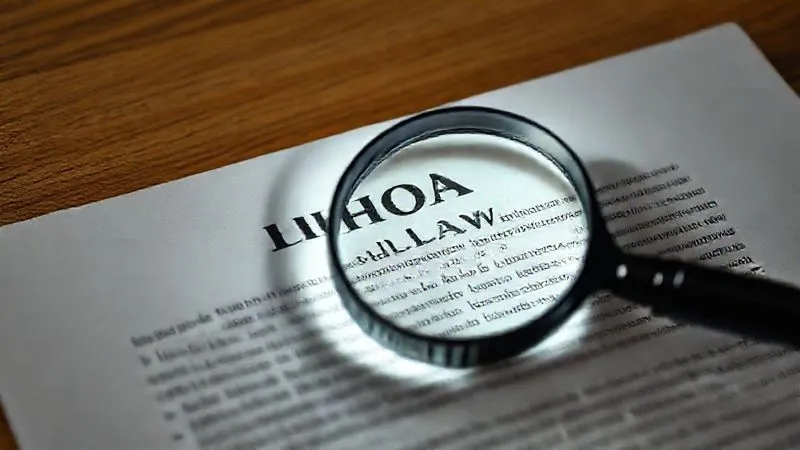 A photorealistic image of a legal document with a magnifying glass over a specific clause, illuminated by a focused beam of light, symbolizing careful scrutiny of HOA bylaws. Professional, 8K, cinematic lighting, sharp focus, depth of field.