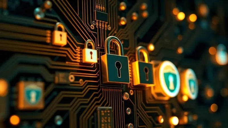 A highly detailed, photorealistic image of an intricate, glowing circuit board, with various security locks and digital shields overlaid onto key junctions. Professional photography, 8K, cinematic lighting emphasizing the glow and shadows, sharp focus on the circuit board, depth of field blurring the background, shot on a high-end DSLR, conveying complex protection.