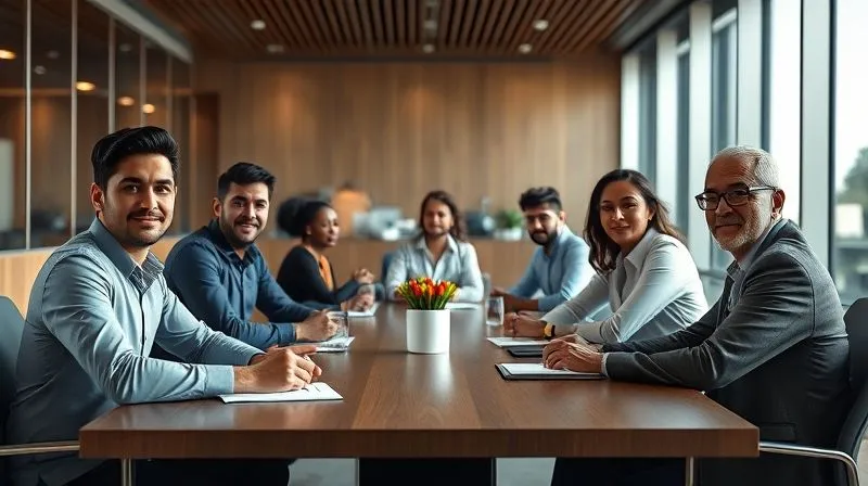 A photorealistic image of a diverse group of professionals sitting around a large, modern conference table, engaged in serious but respectful discussion. Cinematic lighting highlights their faces, conveying focus and collaboration. Sharp focus on the group, depth of field blurring the background, 8K hyper-detailed, shot on a high-end DSLR.