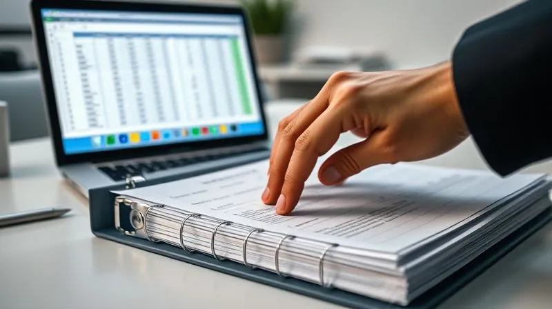A photorealistic image of a hand meticulously organizing a binder full of neatly tabbed legal documents and digital files on a clean desk, with a laptop displaying a spreadsheet in the background. The scene is lit with soft, professional office lighting, emphasizing precision and order. Sharp focus on the documents and hand, depth of field subtly blurring the background, 8K hyper-detailed, shot on a high-end DSLR.