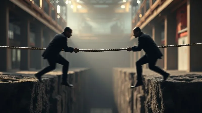 A photorealistic image of a tug-of-war rope stretched taut over a chasm, with blurred figures on either side, representing the tension and potential deadlock of an impasse. The background is a stark, modern industrial setting under dramatic, cinematic lighting. Sharp focus on the rope and the strain, with depth of field emphasizing the distance between the two sides, 8K hyper-detailed, shot on a high-end DSLR.