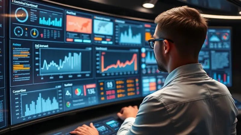 A photorealistic image of a sleek, futuristic control panel displaying various data visualizations: social media sentiment graphs, real-time news feeds, and alert notifications, with a focused professional monitoring the screens. Cinematic lighting, sharp focus on the central screen, depth of field, 8K hyper-detailed.