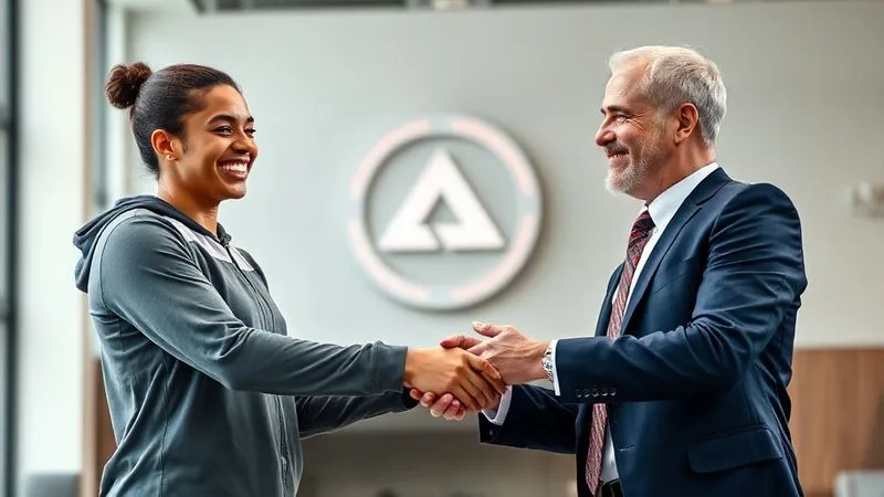 A photorealistic image of two diverse individuals, one in athletic wear and one in business attire, shaking hands warmly with genuine smiles, symbolizing partnership and shared values. They are in a modern, light-filled space, with a subtle brand logo in the background. Cinematic lighting, sharp focus on their faces and handshake, depth of field, 8K hyper-detailed.