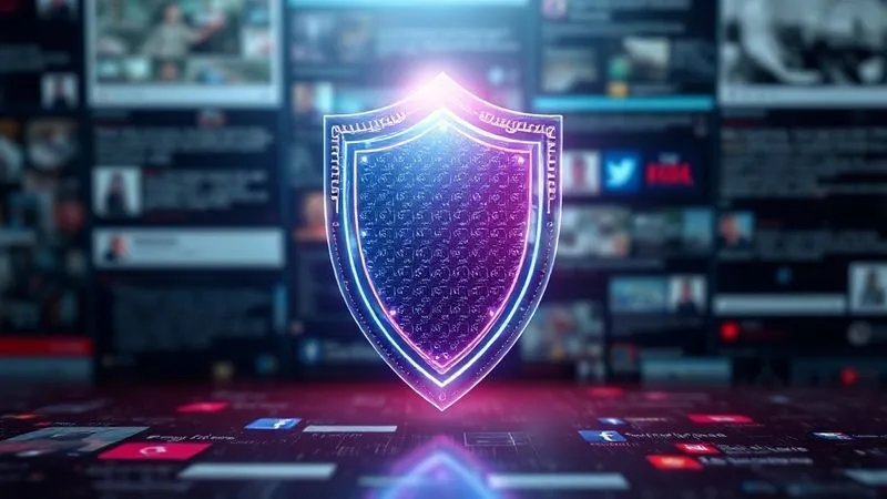 A photorealistic, professional photography image of a strong, modern, abstract shield made of light and digital patterns, standing firm against a backdrop of blurred, chaotic social media feeds and news headlines. The shield is glowing subtly, symbolizing protection and resilience. 8K, cinematic lighting, sharp focus on the shield, depth of field blurring the background, shot on a high-end DSLR.