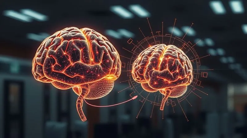 A photorealistic image of two distinct, glowing digital brains, one larger and one smaller, connected by intricate, shimmering data streams. A clear, protective barrier is forming around the smaller brain, separating it while maintaining a controlled, limited data flow through a defined digital conduit. The background is a blurred, corporate office environment. cinematic lighting, 8K, sharp focus, depth of field, professional photography, shot on a high-end DSLR.