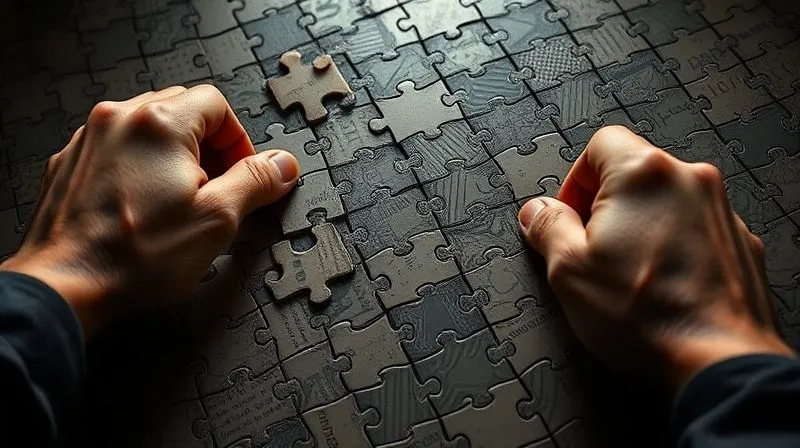 A photorealistic image of a complex legal puzzle, with several pieces representing different IP assets (patents, trademarks, trade secrets) that are not fitting together correctly, leaving gaps and vulnerabilities. A pair of expert hands is carefully trying to reassemble them, highlighting the challenge and the need for precision. The lighting is dramatic, emphasizing the difficulty. 8K, sharp focus, depth of field, professional photography, shot on a high-end DSLR.