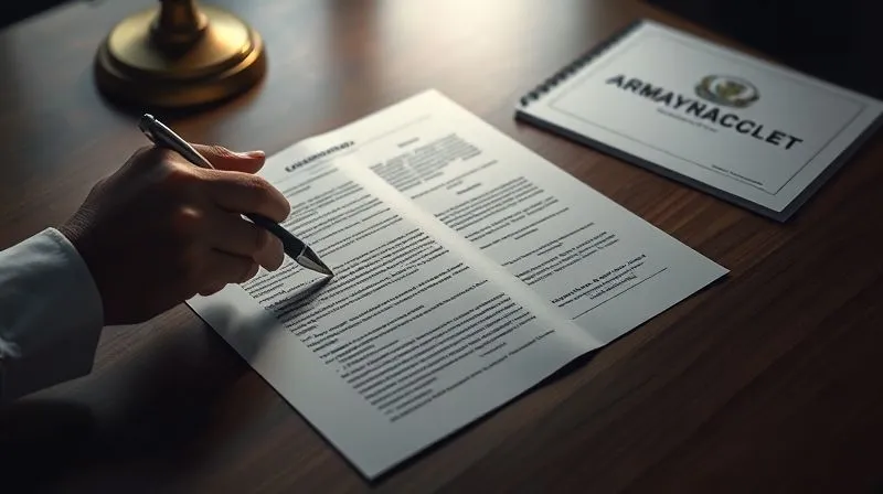 A photorealistic image of a legal document open on a table, with a hand holding a pen pointing to a specific clause. On the side, a professional license is visible, slightly out of focus. The scene is bathed in a thoughtful, contemplative light, emphasizing the gravity of legal decisions. Professional photography, 8K, cinematic lighting, sharp focus, depth of field, shot on a high-end DSLR.