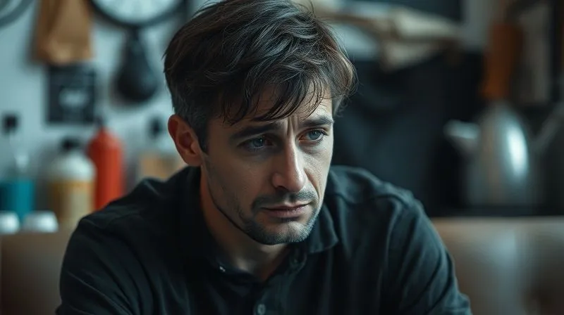 photorealistic, professional photography, 8K, cinematic lighting, sharp focus, depth of field, shot on a high-end DSLR, a person looking distressed, sitting alone, with a blurred background of everyday objects, conveying the isolation and change in daily life caused by PTSD.