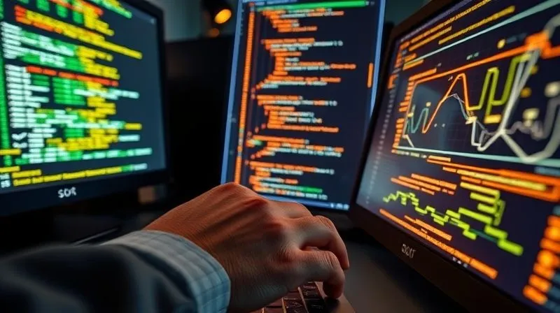 A photorealistic, professional photography, 8K, cinematic lighting, sharp focus, depth of field, shot on a high-end DSLR, depicting a forensic analyst's hands working on multiple glowing computer screens filled with code, IP addresses, and network diagrams, with a focus on unraveling complex digital trails.