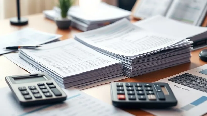 A photorealistic, highly organized desk scene with open ledgers, neatly stacked financial statements, and a calculator, all meticulously arranged. The documents are crisp and clean, bathed in soft, professional light, symbolizing transparency and accurate record-keeping. 8K, sharp focus, depth of field, professional photography, shot on a high-end DSLR.