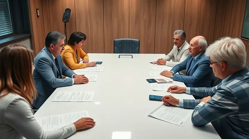 A photorealistic, professional photography, 8K, cinematic lighting, sharp focus, depth of field, shot on a high-end DSLR. Image of a diverse group of non-profit board members engaged in a serious and productive discussion around a large conference table, with legal documents and financial reports open. They appear focused and collaborative, symbolizing strong governance and strategic planning.