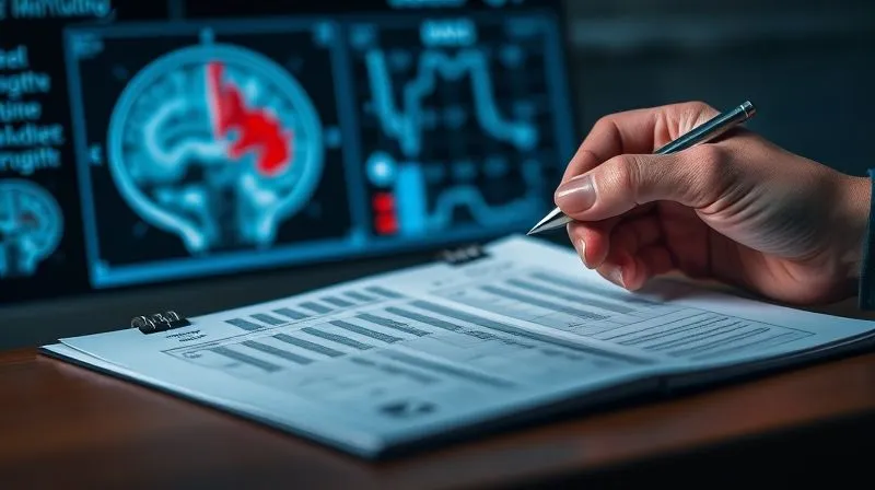 A photorealistic, professional photography, 8K, cinematic lighting, sharp focus, depth of field, shot on a high-end DSLR, of a medical chart being reviewed by a hand holding a pen, with blurred images of a brain scan and a calendar in the background, symbolizing the long-term medical and financial implications of a concussion injury. The mood should be serious and contemplative.