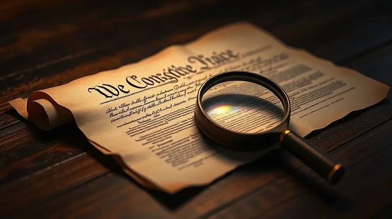 A photorealistic image of a vintage U.S. Constitution document, partially unrolled on a dark wooden table, with a magnifying glass resting on a section of text, illuminated by a warm, focused light, conveying deep study and historical weight. Professional photography, 8K, cinematic lighting, sharp focus, depth of field, shot on a high-end DSLR.