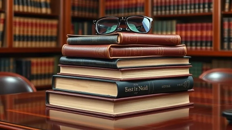 A photorealistic image of a stack of thick, leather-bound legal tomes and modern legal textbooks on a polished mahogany desk, with a pair of reading glasses resting on top, suggesting deep research and intellectual work in a legal library setting. Professional photography, 8K, cinematic lighting, sharp focus, depth of field, shot on a high-end DSLR.