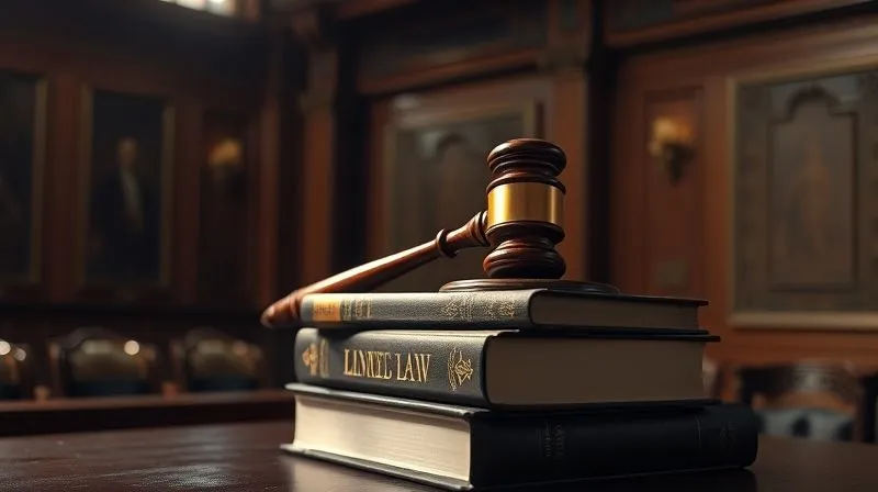 A photorealistic image of a judge's gavel resting on a stack of law books in a dimly lit, traditional courtroom setting, with a sense of gravity and historical importance. Professional photography, 8K, cinematic lighting, sharp focus, depth of field, shot on a high-end DSLR.