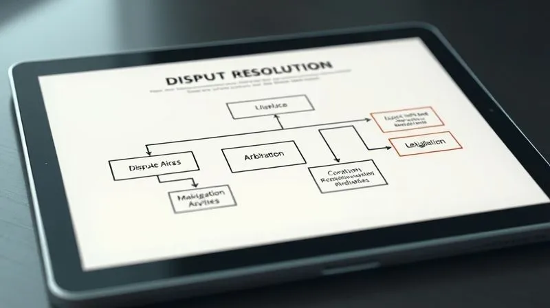 A photorealistic, professional photography shot of a detailed flow chart diagram on a digital tablet, showing the steps for commercial real estate dispute resolution from 'Dispute Arises' through 'Mediation,' 'Arbitration,' and 'Litigation.' The chart is clean, professional, with interconnected boxes and arrows, bathed in cinematic lighting, 8K hyper-detailed, sharp focus on the tablet screen, with a shallow depth of field, representing a clear strategic process.