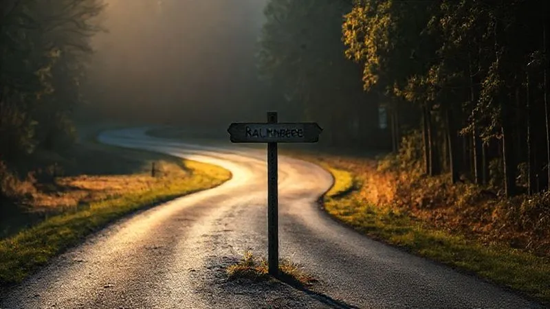 photorealistic, professional photography, 8K, cinematic lighting, sharp focus, depth of field, shot on a high-end DSLR. A fork in a dimly lit, winding road, with one path leading towards a bright, open clearing and the other into a dense, shadowed forest. A signpost at the fork clearly indicates "Mediation" and "Due Process". The image evokes a sense of important decision-making and diverging paths.