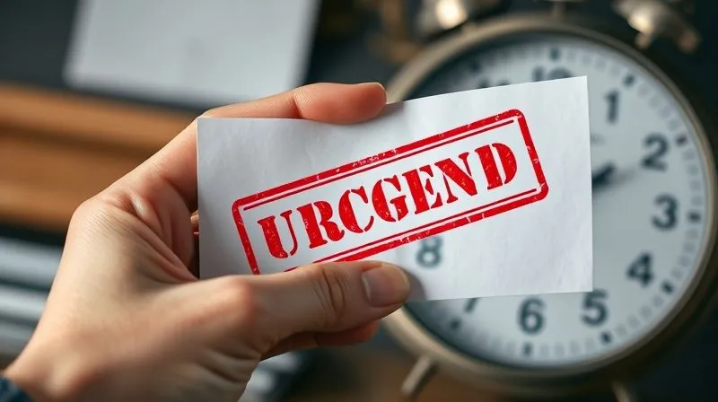 A photorealistic close-up of a hand holding a red-stamped legal document with "Urgent" or "Received" on it, juxtaposed against a blurred background of a ticking clock or a calendar. Professional photography, 8K, cinematic lighting, sharp focus on the document, depth of field, shot on a high-end DSLR, conveying urgency and precision.